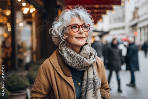 Mature woman walking on the street in Paris, France. Woman wearing coat and glasses