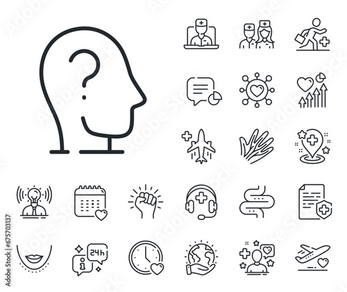 Mental health sign. Online doctor, patient and medicine outline icons. Psychology therapy line icon. Brain question mark symbol. Psychology line sign. Veins, nerves and cosmetic procedure icon. Vector