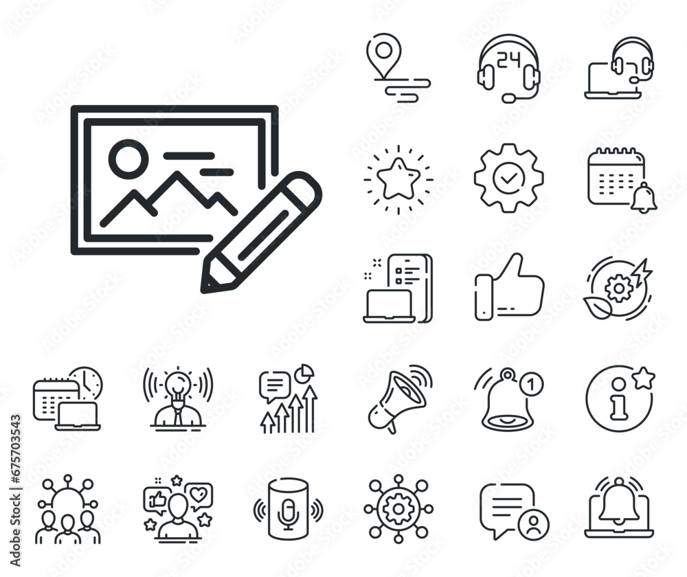 Fototapeta premium Image thumbnail with pencil sign. Place location, technology and smart speaker outline icons. Photo edit line icon. Picture placeholder symbol. Photo edit line sign. Vector