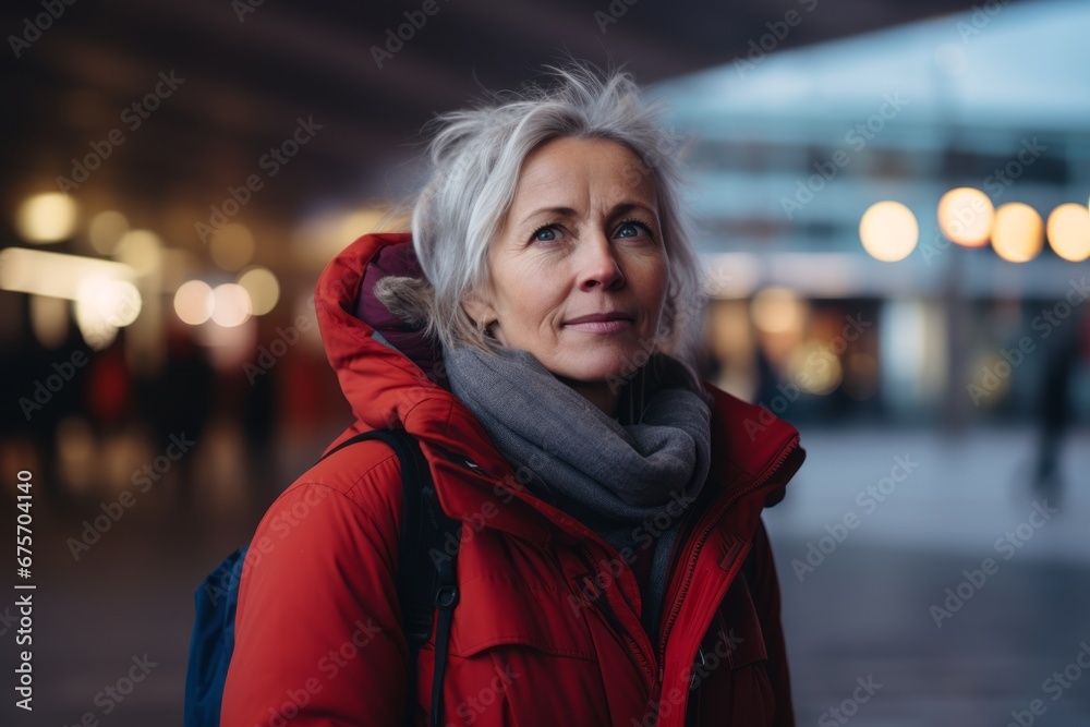 Portrait of senior woman in red jacket in the city at night Portrait of senior woman in red jacket in the city at night