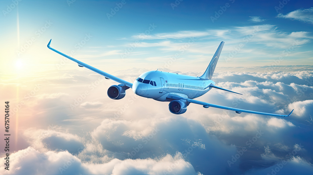 Obraz premium Passengers commercial airplane flying above clouds in midday. Concept of fast travel, holidays and business.