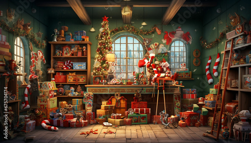 christmas shop with santa claus and presents photo