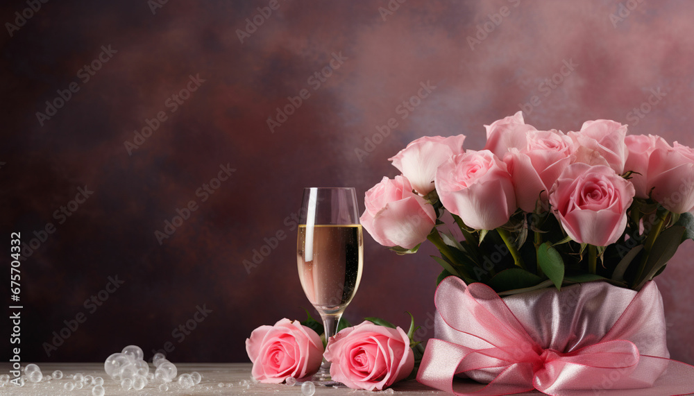 pink roses and champagne on a table pink roses and champagne on a table