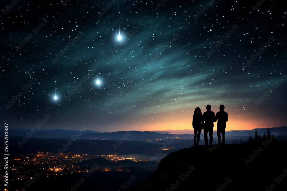 three people standing on a hill looking at the sky