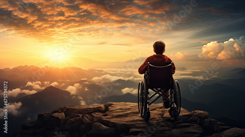 Overcoming obstacles and reaching your goal concept with young child in wheelchair standing on mountain top at sunset