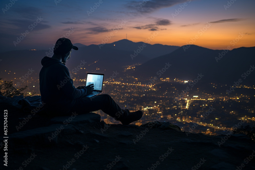 Obraz premium three people standing on a hill looking at the sky