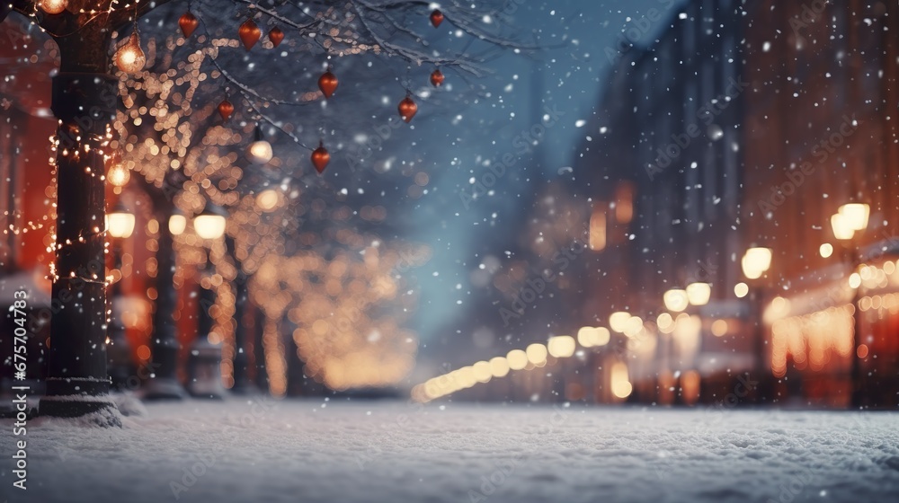 Festive Night Glitter: Blurred City Street with Snowfall and Christmas Lights - Abstract Bokeh Defocus Background