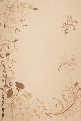 Design elements on a basic beige paper texture background. Background for party, birthday, wedding or graduation invitation card in white color with floral elements in soft art style. Generative Ai.