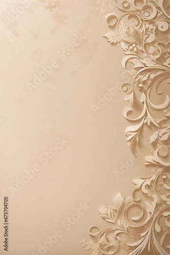 Design elements on a basic beige paper texture background. Background for party, birthday, wedding or graduation invitation card in white color with floral elements in soft art style. Generative Ai.