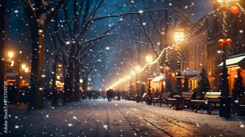 Festive Night Glitter: Blurred City Street with Snowfall and Christmas Lights - Abstract Bokeh Defocus Background © Konrad