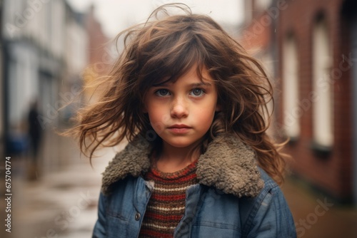 Outdoor portrait of a cute little girl with curly hair in the city