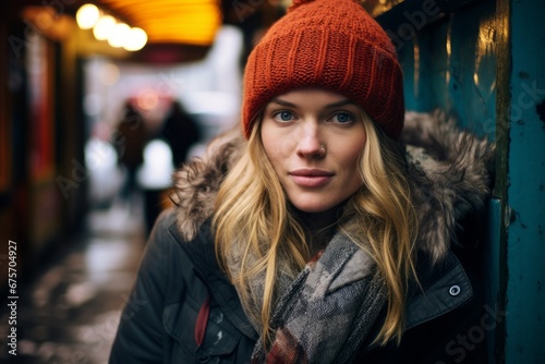 Portrait of a beautiful young woman in a red hat and coat in the city.