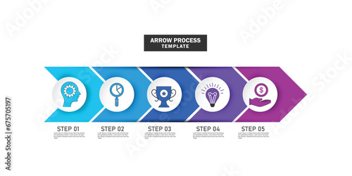 Concept of arrow business model with 5 successive steps. Five colourful rectangular elements. Timeline design for brochure, presentation
