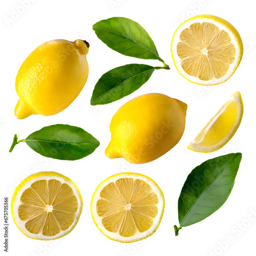 set fresh lemon fruit with leaves png on isolated transparent background