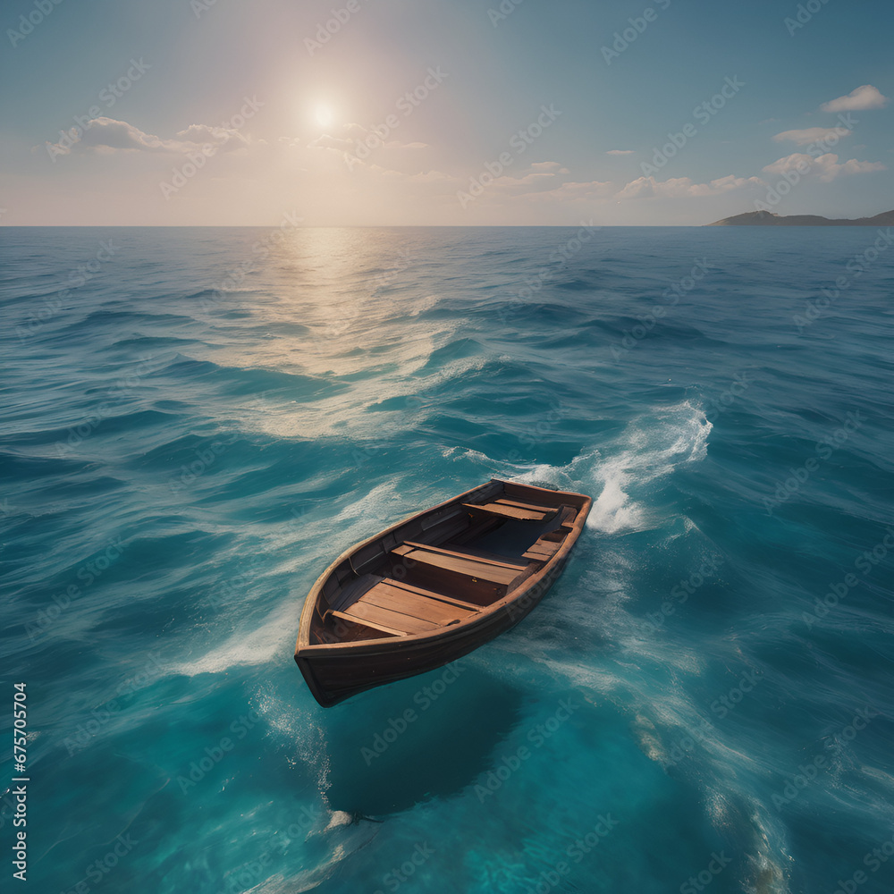 Small boat in the middle of the beautiful sea between the dolphins Small boat in the middle of the beautiful sea between the dolphins