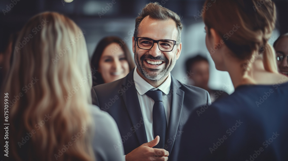 A smiling businessman greets and interacts with his coworkers during a team building exercise. It promotes friendship in work. A smiling businessman greets and interacts with his coworkers during a team building exercise. It promotes friendship in work.