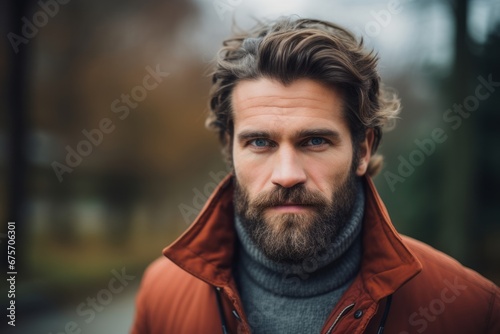 Portrait of handsome bearded man in red jacket looking at camera.