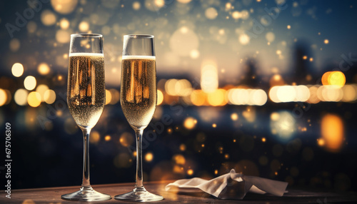 two champagne flutes with sparklers on a wooden table