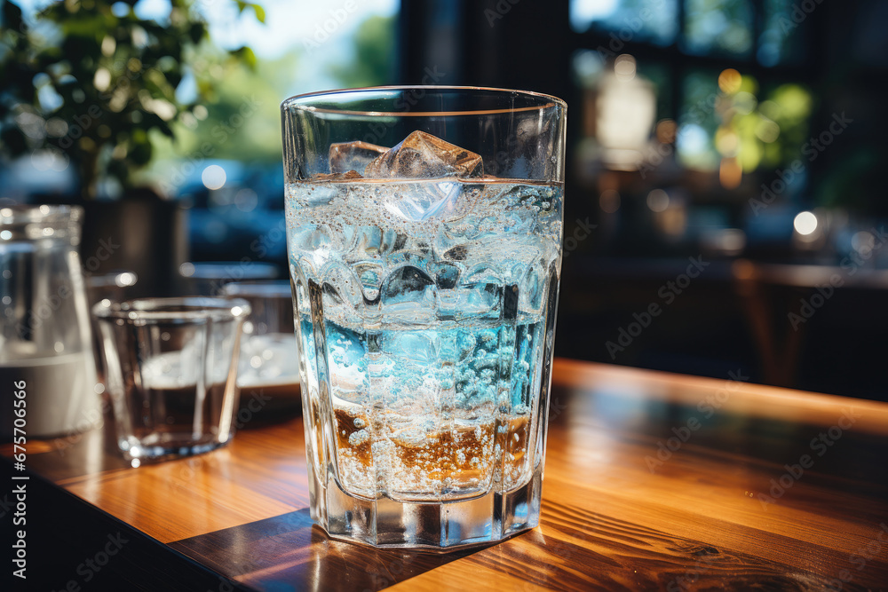 A stream of clear transparent cold water is poured into a glass beaker on blue background A stream of clear transparent cold water is poured into a glass beaker on blue background