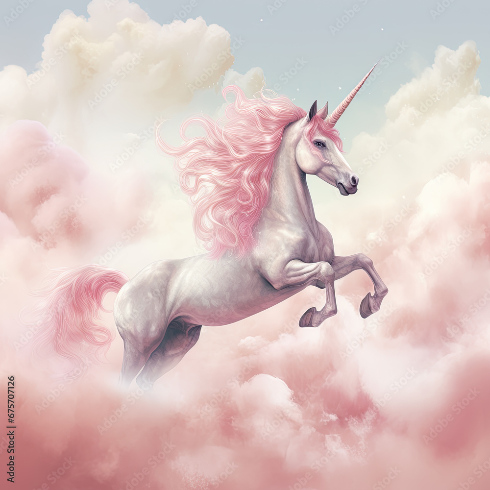 Naklejka premium Pink Unicorn Above The Clouds Illustration, Generative Ai