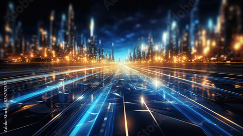 futuristic, energy technology concept. Digital image of light rays, stripes lines with blue light, speed and motion blur over dark blue background