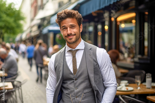 The young business man smiling at an outdoor restaurant. © PixelGallery