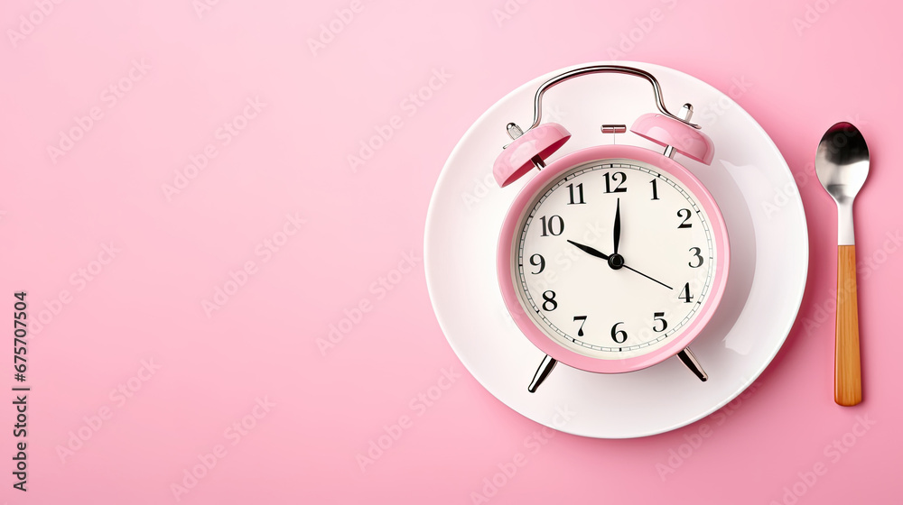 Empty plate with alarm clock on pink, intermittent fasting concept,Alarm clock and plate with cutlery . Concept of intermittent fasting, lunchtime, diet and weight loss - obrazy, fototapety, plakaty 