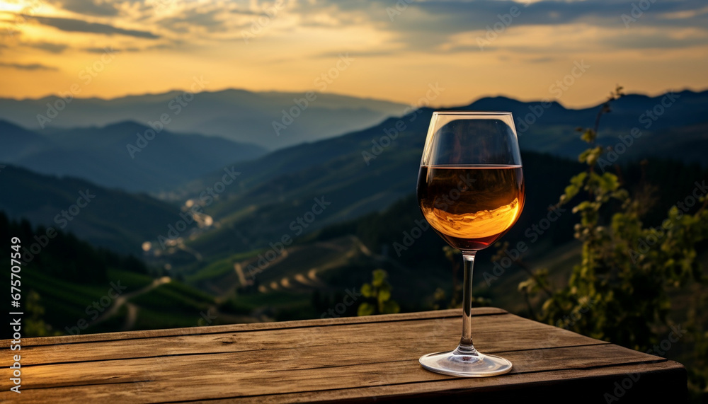 a glass of red wine on a table in front of a mountain range