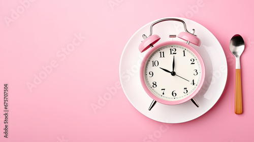 Empty plate with alarm clock on pink, intermittent fasting concept,Alarm clock and plate with cutlery . Concept of intermittent fasting, lunchtime, diet and weight loss