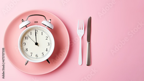 Empty plate with alarm clock on pink, intermittent fasting concept,Alarm clock and plate with cutlery . Concept of intermittent fasting, lunchtime, diet and weight loss photo