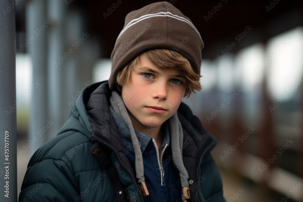 Portrait of a boy in a winter jacket and hat on the street