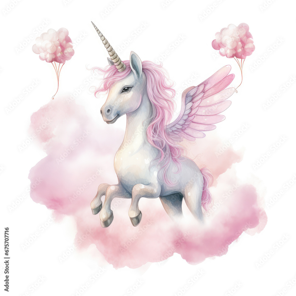 Pink Unicorn Above The Clouds Illustration, Generative Ai Pink Unicorn Above The Clouds Illustration, Generative Ai