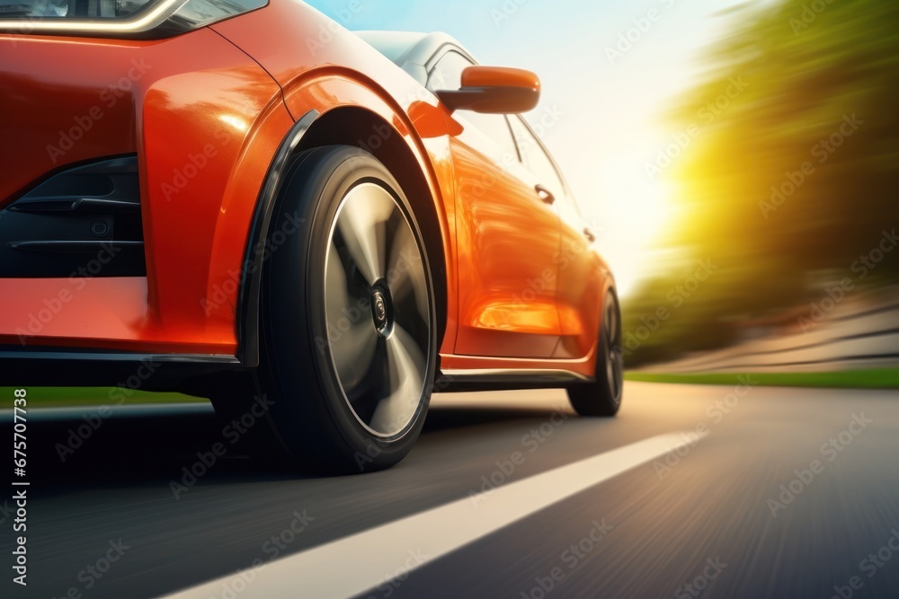 The wheels of an electric car move at speed on the road.