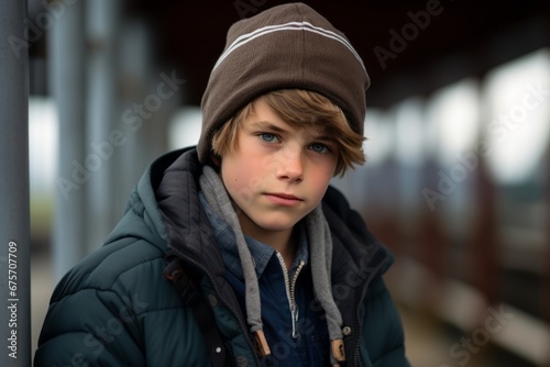 Portrait of a boy in a winter jacket and hat on the street © Nerea