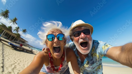 Closeup, elderly tourist with caretaker having fun on the beach.