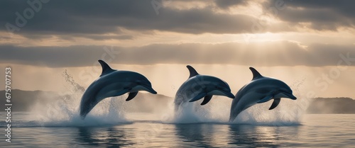 A pod of dolphins performing acrobatics on the sea