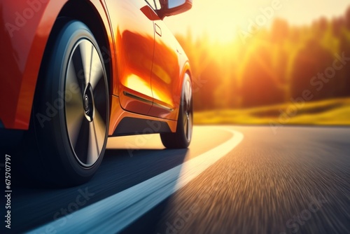 The wheels of an electric car move at speed on the road.