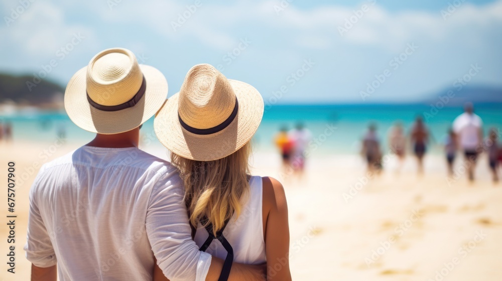 Close-up of the back of a happy tourist couple at the beach. Close-up of the back of a happy tourist couple at the beach.