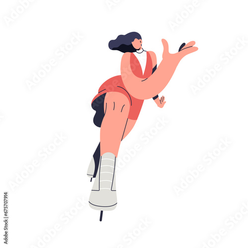 Ice figure skating sport. Woman skater performing, dancing. Professional athlete dancer, solo performance. Female character in motion, action. Flat vector illustration isolated on white background