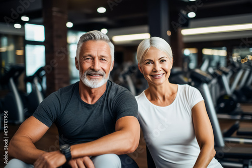 Portrait of beautiful elderly sportive couple in gym, Healthy lifestyle