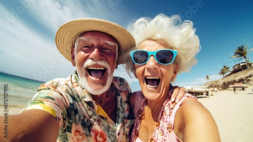 Closeup, elderly tourist with caretaker having fun on the beach.