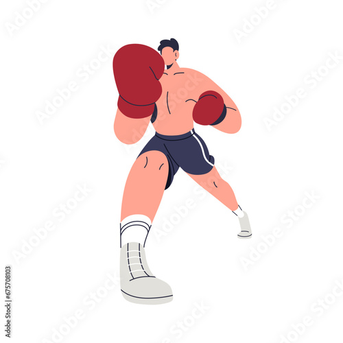 Boxer fighting, punching with fist in box glove. Boxing sport. Wrestler athlete, fighter hitting. Sportsman in attacking pose, stance. Flat graphic vector illustration isolated on white background