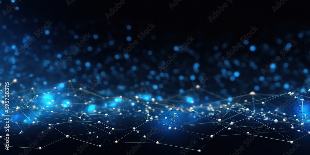 An abstract representation of connected dots and lines against a blue background, symbolizing communication and technology networks. - obrazy, fototapety, plakaty 
