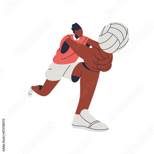 Volleyball player hitting, bumping ball with fists, serving with hands. Black person playing sports game. Athlete, sportsman in action, motion. Flat vector illustration isolated on white background