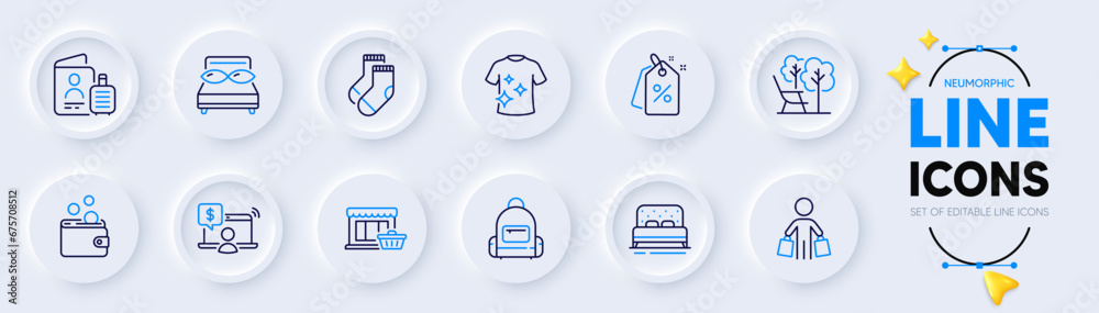 Online shopping, Buyer and Backpack line icons for web app. Pack of Clean t-shirt, Pillows, Socks pictogram icons. Passport, Marketplace, Deckchair signs. Discount tags, Bed, Wallet money. Vector Online shopping, Buyer and Backpack line icons for web app. Pack of Clean t-shirt, Pillows, Socks pictogram icons. Passport, Marketplace, Deckchair signs. Discount tags, Bed, Wallet money. Vector
