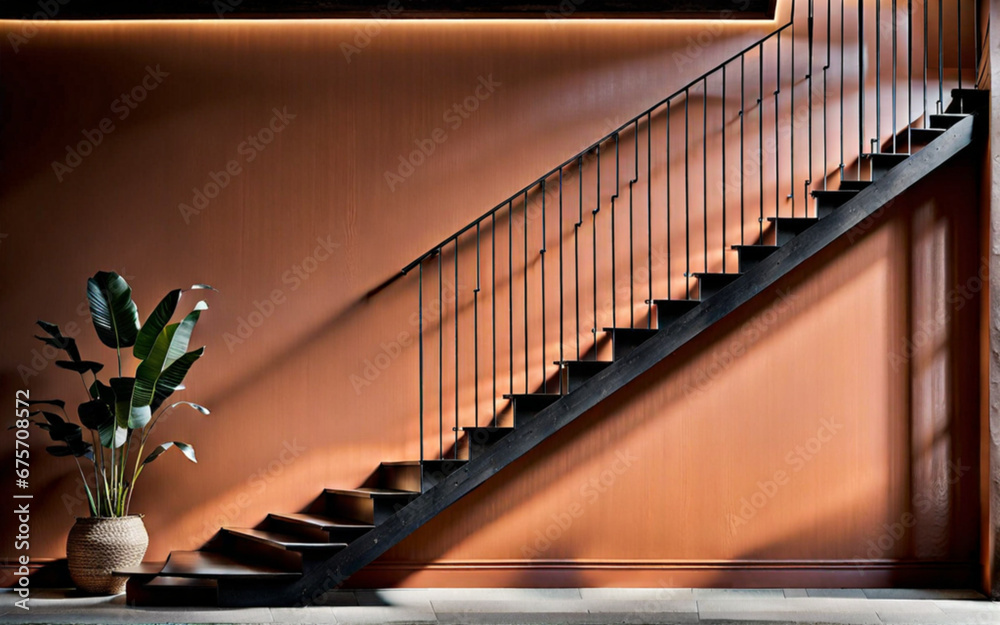 A photo od wall with staircase and handrail - obrazy, fototapety, plakaty 