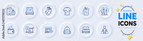 Online shopping, Buyer and Backpack line icons for web app. Pack of Clean t-shirt, Pillows, Socks pictogram icons. Passport, Marketplace, Deckchair signs. Discount tags, Bed, Wallet money. Vector