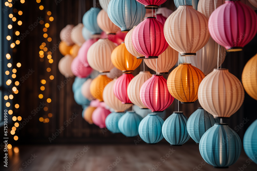 composition of colorful paper lanterns, symbolizing joy and celebration, leaving room for personalized messages, with copy space, eye-catching photo,