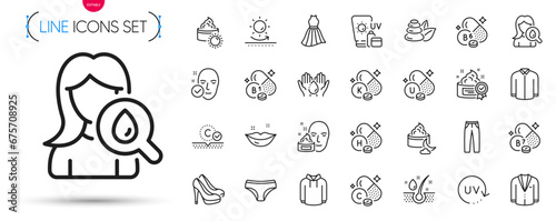 Pack of Vitamin u, Sun protection and Dress line icons. Include Night cream, Suit, Biotin vitamin pictogram icons. Shirt, Wash hands, Cream signs. Collagen skin, Uv protection, Panties. Vector photo