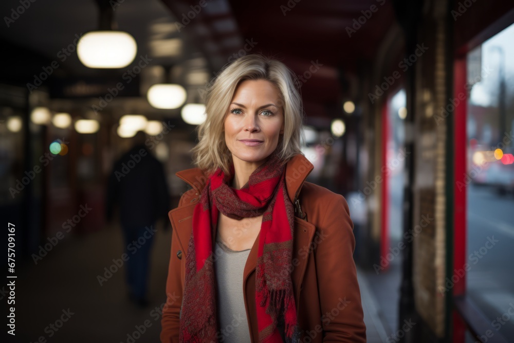 Portrait of a beautiful middle-aged woman in a red coat and a scarf